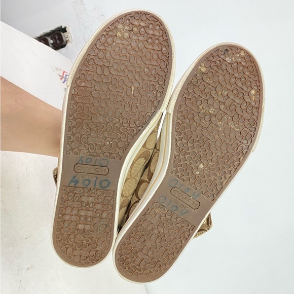 Coach Bonney High Top Sneakers Womens Size 9 Logo Jacquard Tan Brown Fold Down - Picture 12 of 13